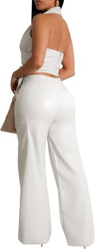 WOKANSE Womens PU Leather Stretchy 2 Piece Outfit Belted Sleeveless Halter Tops and Straight Leg Pants Set with Pocket in Kuwait