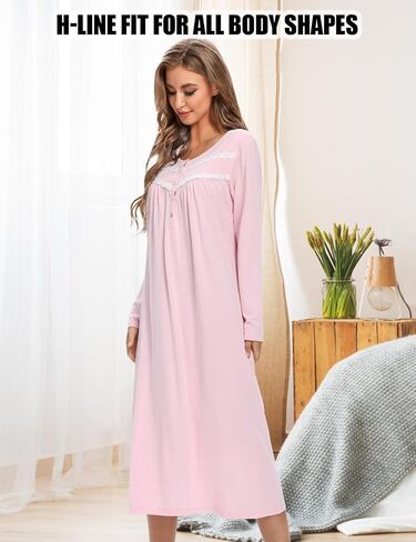 MZROCR Cotton Nightgowns For Women Long Sleeve Night Gowns Soft Women's Sleepwear Ladies Loungewear in Kuwait