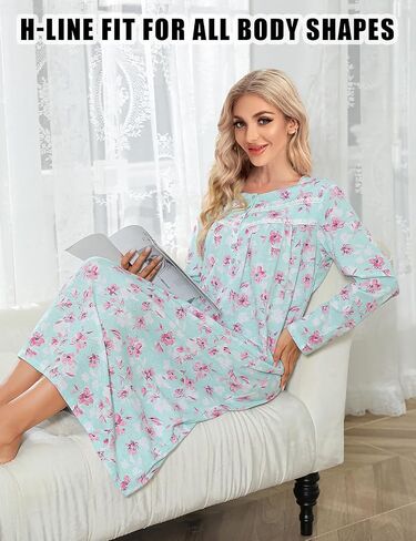 MZROCR Cotton Nightgowns For Women Long Sleeve Night Gowns Soft Women's Sleepwear Ladies Loungewear in Kuwait