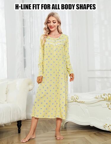 MZROCR Cotton Nightgowns For Women Long Sleeve Night Gowns Soft Women's Sleepwear Ladies Loungewear in Kuwait
