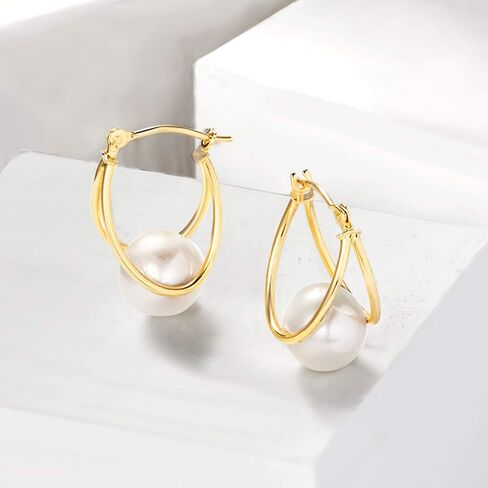 Ross-Simons 8-9mm Cultured Pearl Double-Hoop Earrings in 14kt Yellow Gold. 3/4 in Saudi Arabia