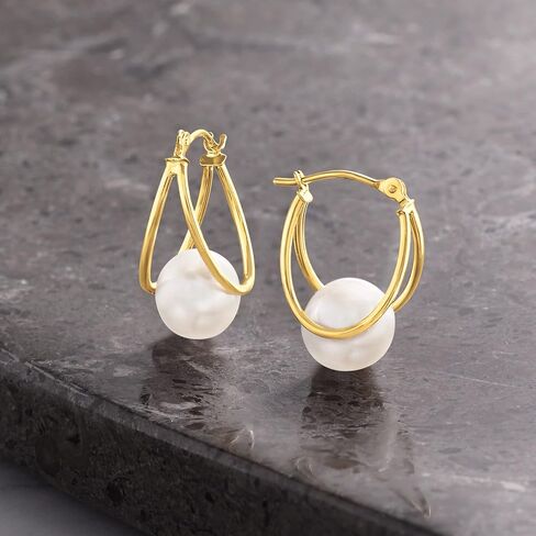 Ross-Simons 8-9mm Cultured Pearl Double-Hoop Earrings in 14kt Yellow Gold. 3/4 in Saudi Arabia
