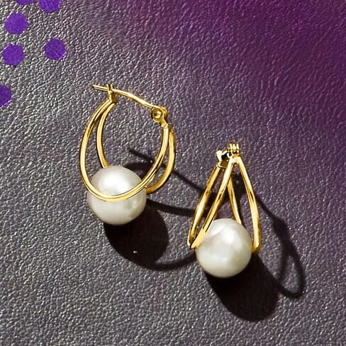 Ross-Simons 8-9mm Cultured Pearl Double-Hoop Earrings in 14kt Yellow Gold. 3/4 in Saudi Arabia
