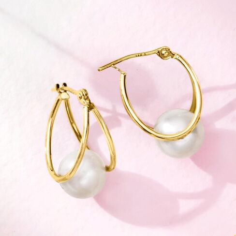 Ross-Simons 8-9mm Cultured Pearl Double-Hoop Earrings in 14kt Yellow Gold. 3/4 in Saudi Arabia