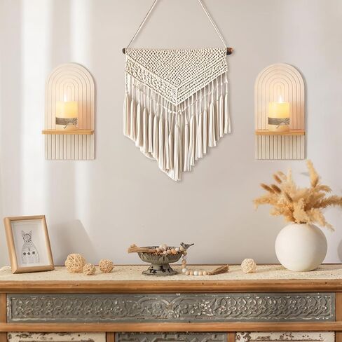 White Boho Wall Candle Holder - Mid Century Candle Sconces Set of 2 for Pillar Candles - Wood Modern Minimalist Rainbow Arch Decor Beside Fireplace TV in Kuwait