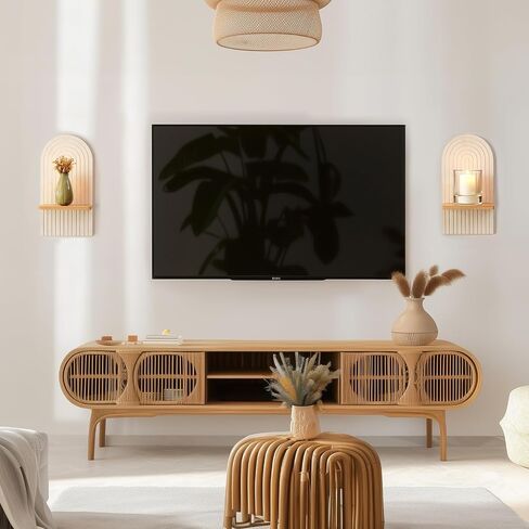 White Boho Wall Candle Holder - Mid Century Candle Sconces Set of 2 for Pillar Candles - Wood Modern Minimalist Rainbow Arch Decor Beside Fireplace TV in Kuwait