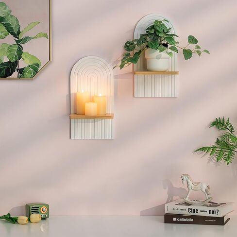 White Boho Wall Candle Holder - Mid Century Candle Sconces Set of 2 for Pillar Candles - Wood Modern Minimalist Rainbow Arch Decor Beside Fireplace TV in Kuwait