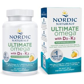 Nordic Naturals Ultimate Omega Plant Based Vitamin with Vitamin D3+K2-60 Vegetarian Soft Gels - 1210 mg Omega-3s Plus 2000 IU D3 and 90 mcg K2 - Promotes Brain Health - Non GMO - 30 Servings