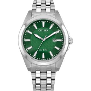Watch Citizen Men's Eco-Drive Classic Peyton Watch ، التاريخ الثالث ، الكريستال الياقوت ، علامات مضيئة ، قرص فضية/أخضر