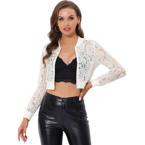 Allegra K Cropped Jackets for Women's Stand Collar Zip Up Mesh Sheer Lace Bomber Jacket
