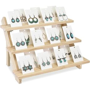 شاشة بطاقات Mooca Wooden 3 المستويات ، حامل الناهض ، حامل طراز السلم على طراز السلم ، حامل بطاقة المجوهرات على طراز السلم ، MAX.75 إلى 125 بطاقة حلق ، وعروض تجزئة ، ولون البلوط ، 15.6W × 11.8D X 10.5H