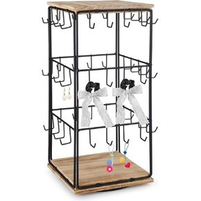 Rotating Earring Display Stands, Rotating Jewelry Display Holder with 48 Hooks, 3 Tiers Metal Jewelry Selling Organizer with Wood Top & Bottom, Desktop Rack for Earstuds,