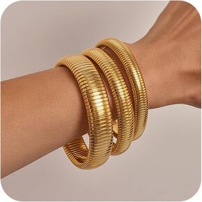 Gold Bangles Bracelets Set for Women, Chunky 14K Gold Plated Stainless Steel Stretch Bracelets, Wide Link Chain Flexible Wristband Bracelets for Women's 3 Jewelry Gifts