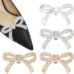 2 Pairs Rhinestone Shoe Clips, Bow Shoe Buckle, Detachable Classic Fashion Sparkling Bow Heels Shoes Charms Bridal Wedding Party Crystal Shoes Buckles(Gold+Silver)