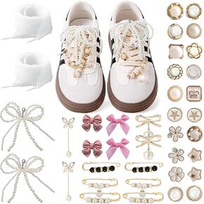 Shoes Charms for Sneakers Socks,38PCS Y2K Ribbon Shoe Laces Women Shoelace Charms with Bows Clips Pins Jewelry, Socks Decorations and Hats Decorations for Women