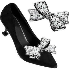 2 pcs pearl bow shoe clips, black rhinestone pointed toe flats heels shoe clips, Detachable shoe decorations clips accessories for Bridal Wedding Party Crystal Shoe Buckles