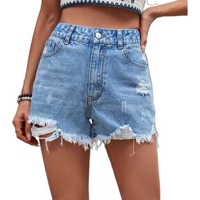 Women's High Waisted Denim Shorts Ripped Distressed Casual Raw Hem Jeans Shorts with Frayed Edge