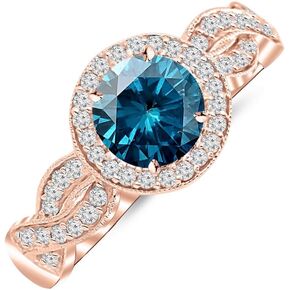 1.05 Carat 14K White Gold Twisting Eternity Halo Style with Milgrain Diamond Engagement Ring with a 0.75 Carat Blue Diamond Center (Heirloom Quality)