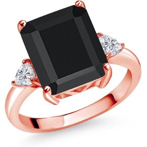 Gem Stone King 18K Rose Gold Plated Silver Black Onyx and Lab Grown Diamond 3-Stone Engagement Ring For Women | 6.05 Cttw | Emerald Cut 12X10MM | Gemstone December Birthstone | Available in Size 5 to