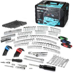 مجموعة أدوات Duratech 497 قطعة ميكانيكا ، تشمل مآخذ SAE/Metric ، و 90 Tooth Ratchet و Wick في صندوق أدوات 3 درج