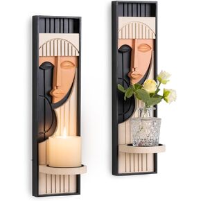 Wall Candle Holder, Abstract Face Candle Sconce Set of 2, Wall Decor for Womens Gift,Girl Bedroom Boho Decor16.5 x 4.33 Inch (Black and Pink)