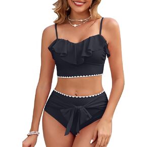 Women's Ruffle Bikini Sets High Waisted 2 Piece Bathing Suits Tummy Control Swimsuits Color Block Tie Front Bikinis