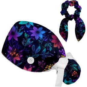 Scrub Caps Women, Surgical Caps with Buttons, Ponytail Nurse Hat, Bouffant Scrub Hats with Hair Scrunchy Adjustable, Floral Purple Blue Vintage Flower Cute Pastorable Bohemian Cartoon