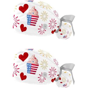 2 -Pack Scrub Caps Women مع Button ، يوم الاستقلال الرابع من يوليو ، قبعات عمل قابلة للتعديل مع حامل ذيل الحصان متعدد الألوان