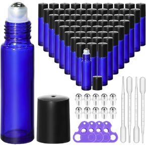 KEYWING 54 Pack Essential Oil Roller Bottles – 10ml Amber Glass Roll-On Bottles with Stainless Steel Roller Balls & Caps, Refillable Perfume Containers for Travel & DIY