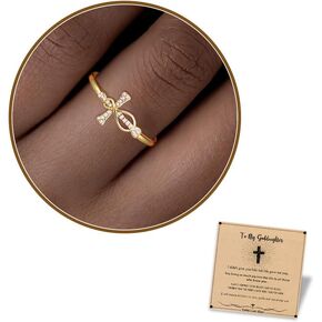 Btysun Cross Rings للنساء الهدايا المسيحية قابلة للتعديل حلقات الذهب غير المشوهة تخزين المواد الخشبية التأكيد الديني الهدايا الكاثوليكية لابنتها أختها الإيمان المجوهرات