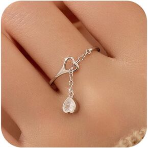 925 Sterling Silver Love Heart Dangle Chain Ring with CZ for Women Cute Adjustable Teardrop Birthstone Crystal Open Finger Knuckle Stacking Ring Promise Eternity Rings Jewelry for Her