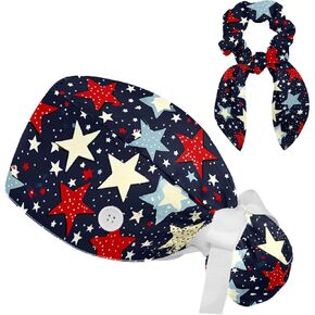 Scrub Cap Women, Surgical Cap with Ponytail Pouch and Buttons, Nurse Bouffant Adjustable, 4th of July Stars Stripes Navy Blue