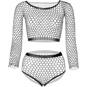 مجموعات الملابس الداخلية لشبكة Fishnet للنساء مثير ، قطعتان شقيون Babydoll Addysuit ملابس ليلية (أسود)