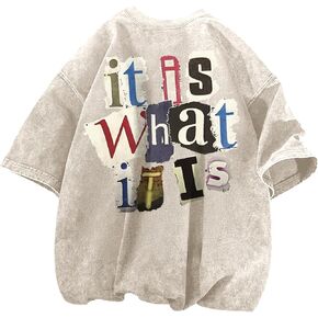 Men's Graphic Tees Funny Letter Print Vintage Oversize T Shirts Acid Wash Shirt Streetwear Rapper Casual Tee Top