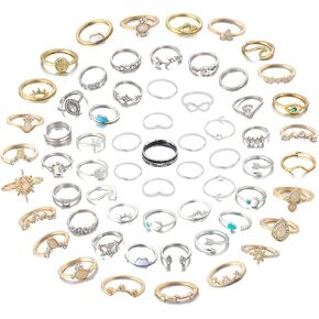 FUTIMELY 62-101Pcs Vintage Knuckle Rings Set Stackable Midi Rings for Women Bohemian Gold Silver Rings Crystal Joint Finger Rings Set