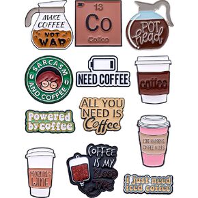 Coffee-Themed Enamel Pins Set – Funny Coffee Lover Pins for Backpacks, Jackets, Hats, Gifts – Collectible Metal Lapel Pins for Coffee Enthusiasts, Students, Office Workers – 12-Pack