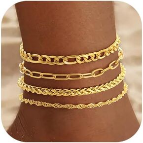 Gold Ankle Bracelets for Women, 18k Gold Plated Waterproof Bead Snack Figaro Cuban Link Chain Anklets Set Adjustable, Layered Paperclip Anklet Bracelets Non Tarnish Beach Jewelry Gifts