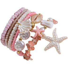 Pingyongchang Bohemian Stackable Shell Beaded Ankle Bracelets for Women Multi-Layer Seashell Gold Starfish Adjustable Handmade Summer Beach Holiday Accessories Gifts