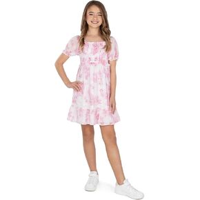 Speechless Girls' Smocked Floral Print Puff Sleeve Party Dress with Lace Trim