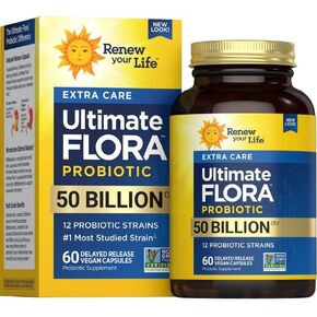 Ultimate Flora Probiotics 50 Billion CFU Delayed Release Vegan Capsules | Extra Care | Digestive Health | Immune Health | Dairy Free | 60 Count