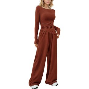 LICOBOD Asymmetrical 2 piece lounge set women long sleeve travel Outfits Comfy Loungewear Wide Leg Pants Casual Tracksuit