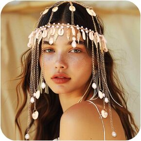 CAKURE Boho Seashell Head Chain Cap Gold Tassel Headpiece Cap Chain Beach Fesitval Hair Accessories for Women
