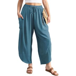 TARSE Women's Linen Harem Pants Casual Loose Drawstring Elastic Waist Summer Beach Travel Vacation with Pockets