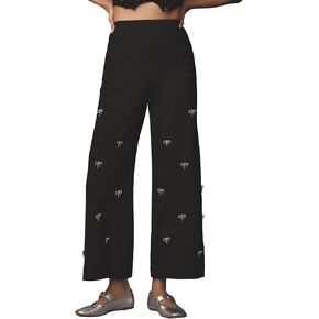 Ladyful Women's Cropped Wide Leg Pant Bow Rhinestone Casual Baggy High Waisted Palazzo Pant Trouser