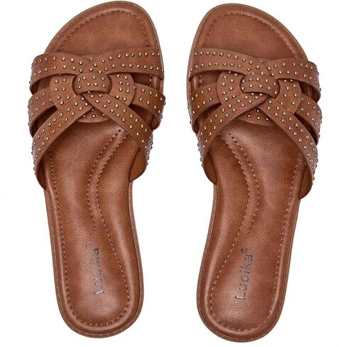 Luoika Women's Wide Width Flat Slides Sandals, Strapy Slide Sandal Slip on Dressy Summer Shoes for Women. in Saudi Arabia