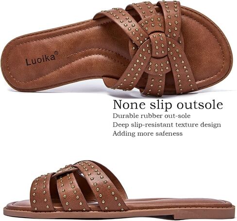 Luoika Women's Wide Width Flat Slides Sandals, Strapy Slide Sandal Slip on Dressy Summer Shoes for Women. in Saudi Arabia
