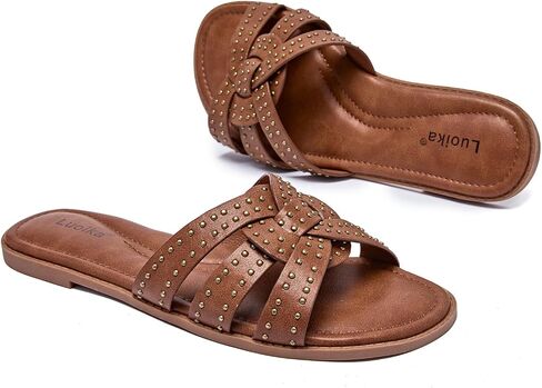 Luoika Women's Wide Width Flat Slides Sandals, Strapy Slide Sandal Slip on Dressy Summer Shoes for Women. in Saudi Arabia