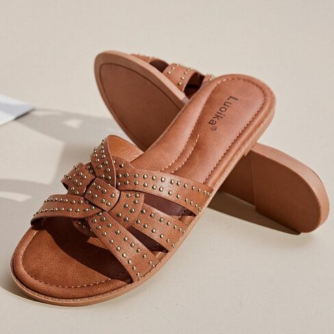 Luoika Women's Wide Width Flat Slides Sandals, Strapy Slide Sandal Slip on Dressy Summer Shoes for Women. in Saudi Arabia