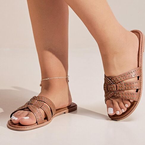 Luoika Women's Wide Width Flat Slides Sandals, Strapy Slide Sandal Slip on Dressy Summer Shoes for Women. in Saudi Arabia