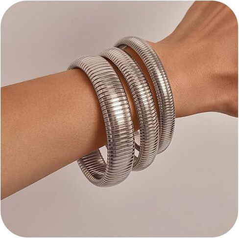Gold Bangles Bracelets Set for Women, Chunky 14K Gold Plated Stainless Steel Stretch Bracelets, Wide Link Chain Flexible Wristband Bracelets for Women's 3 Jewelry Gifts in Saudi Arabia